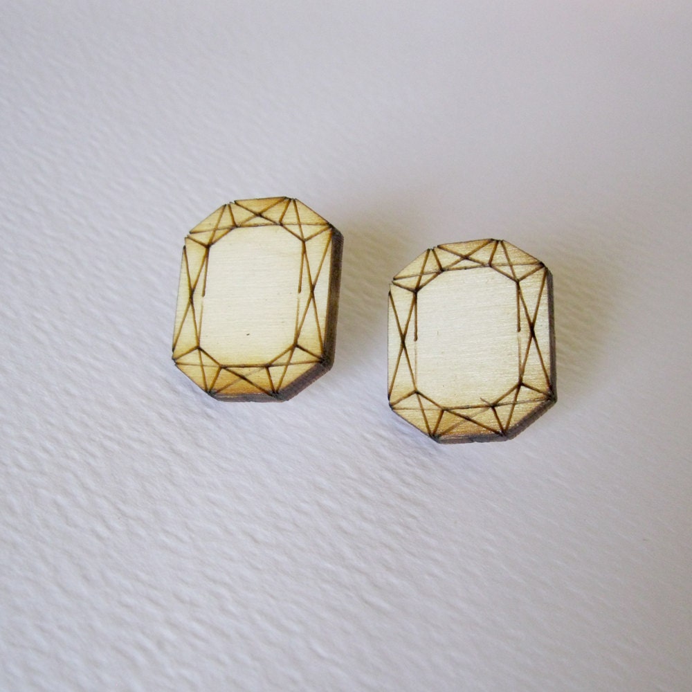 Wood Emerald Cut Stud Earrings - Natural Geometric Laser Cut Birch Ply