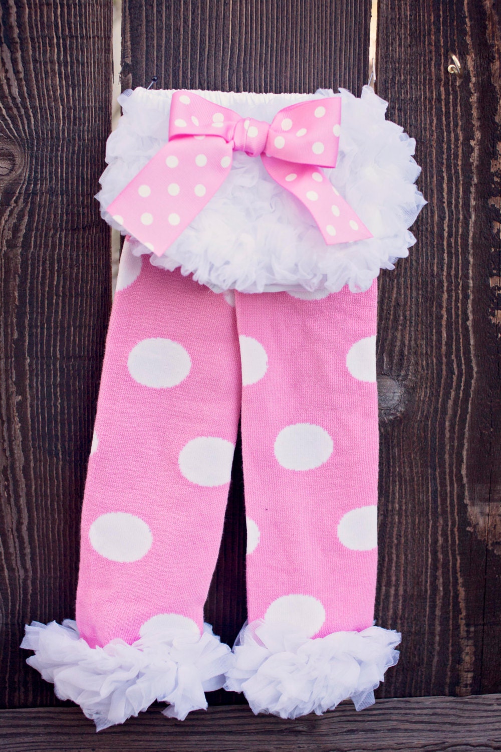 Ruffle bloomer and leg warmer set. Pink and white polka dot leg warmers and bloomers