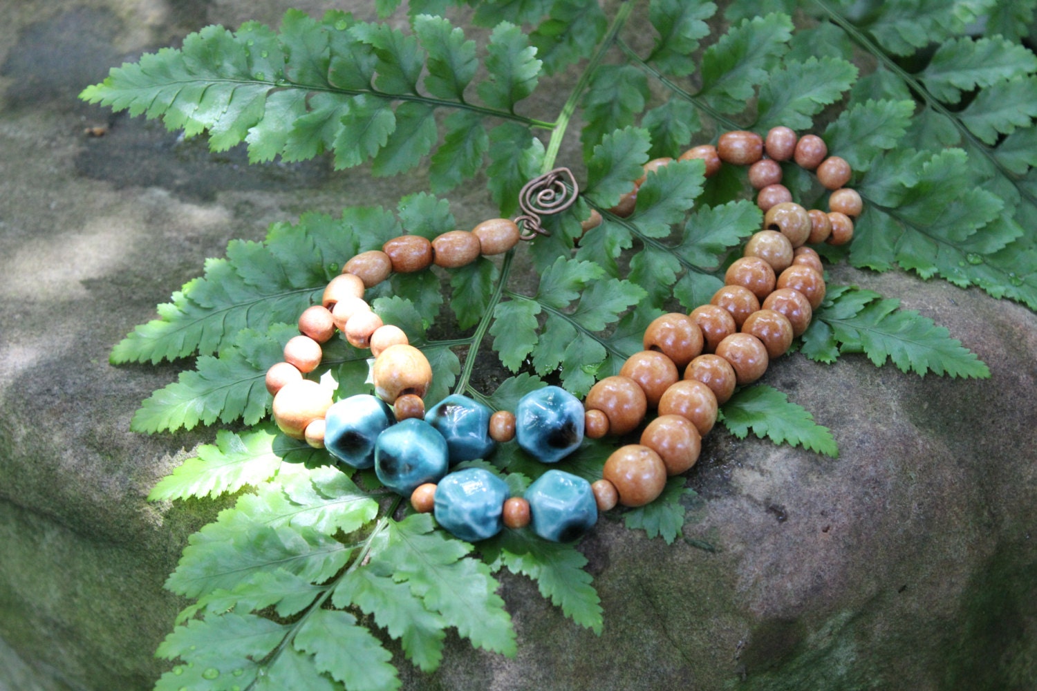 Wooden Beaded Necklace and Earrings with Blue Ceramic Beads, 2 strands, 17 inches, neutrals