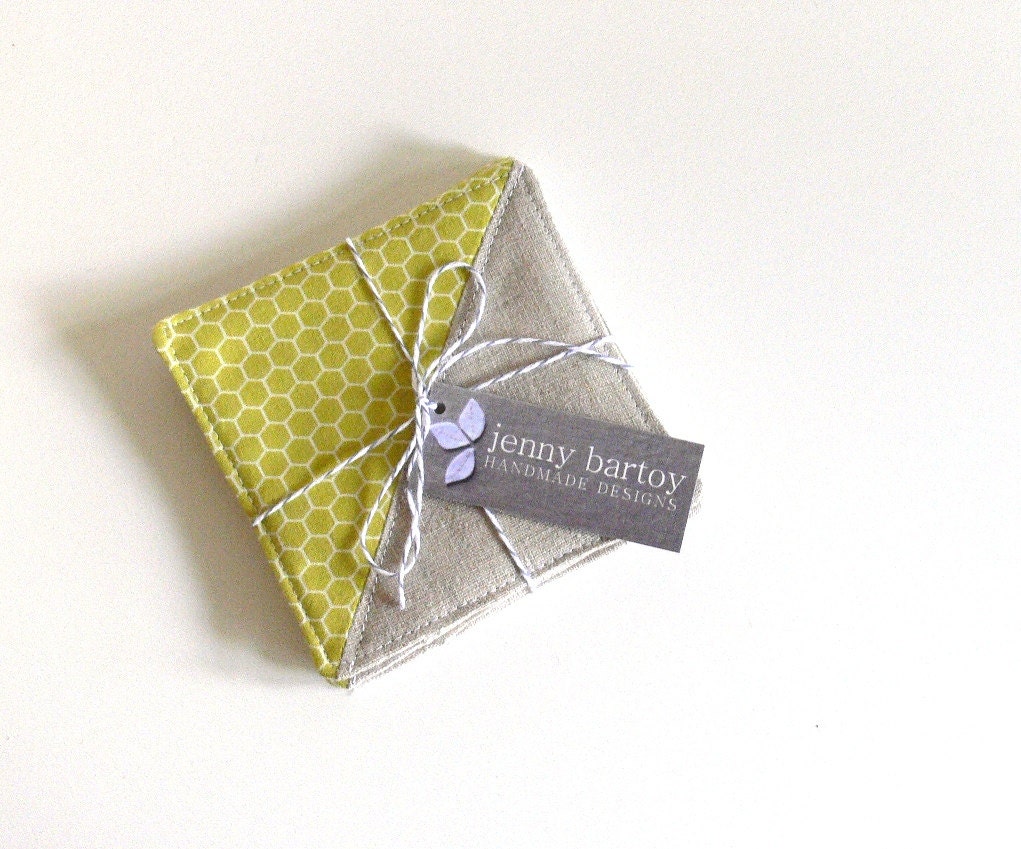 Coasters, Set of 4 - Linen and Honeycomb in Chartreuse