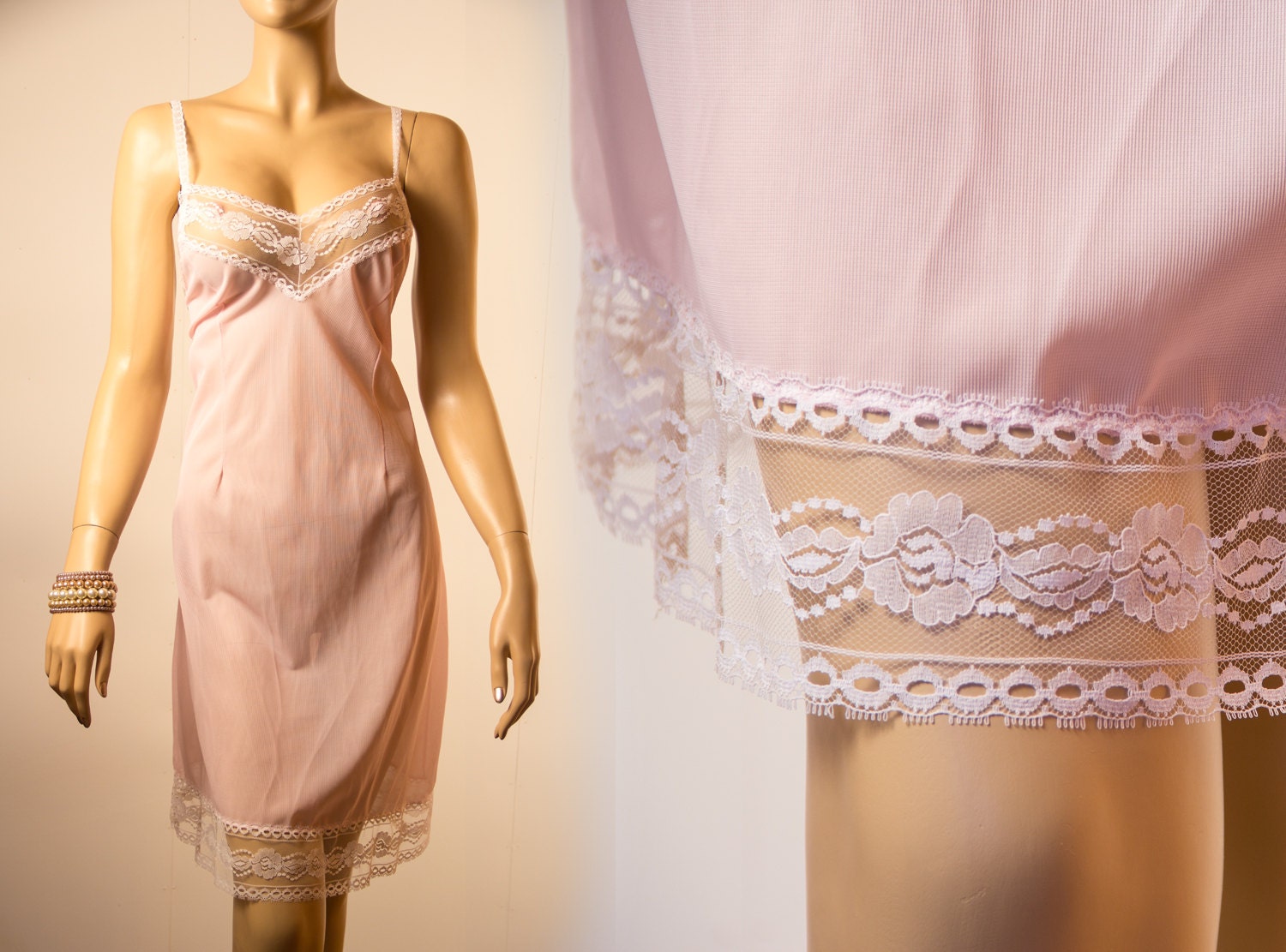 Pale pink XL Plus size 1960s vintage nylon full slip petticoat (PL289)