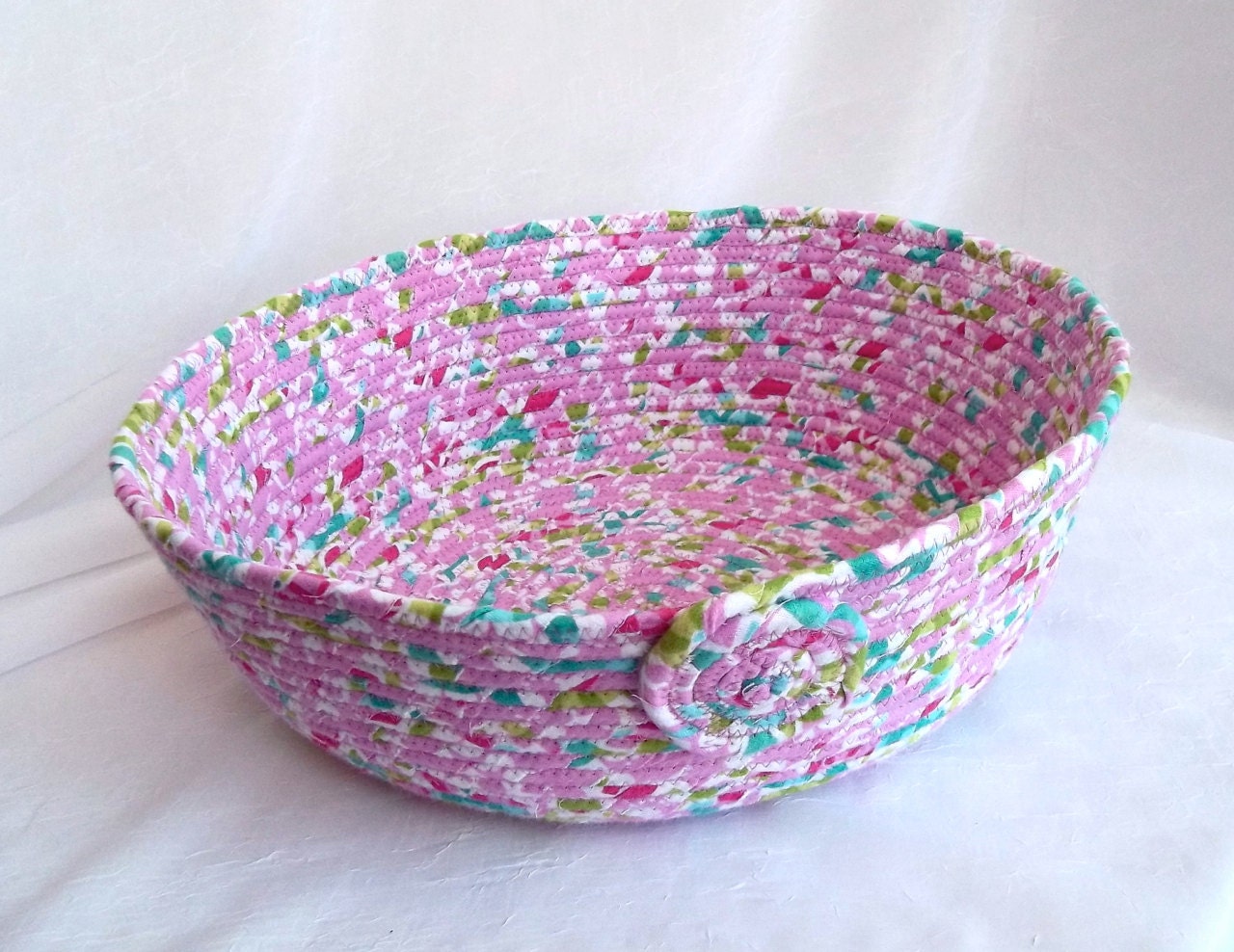 Cozy Cat Bed, Handmade Pink with Aqua Flannel Basket, Toy Basket, Magazine Rack, Storage Organizer,hand wrapped and coiled fabric