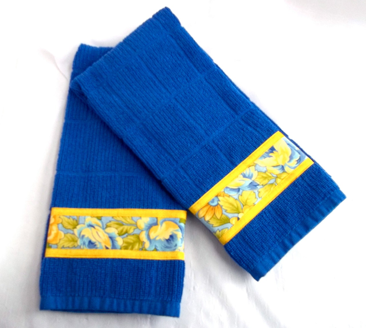 Hand Decorated Towels, Set of Two Cotton Kitchen Towels, Lovely Spring Blue and Yellow, 100% Cotton