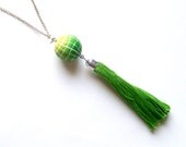 polymer clay mosaic pendant with tassel ombre Green Spring large mosaic bead bright benetton green lime electric yellow color progression