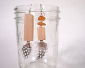 Maple & Amber - Handmade Maple Wood Beads, Feathers and Amber Nuggets - Gypsy Earrings