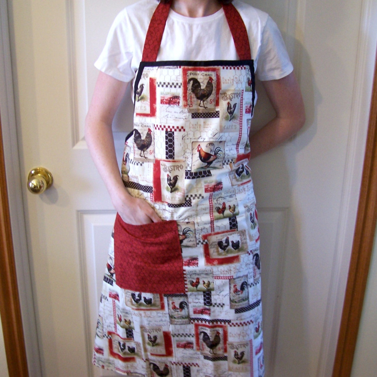 Womens Full Apron in Chicken Fabric with Pocket and Black Ties