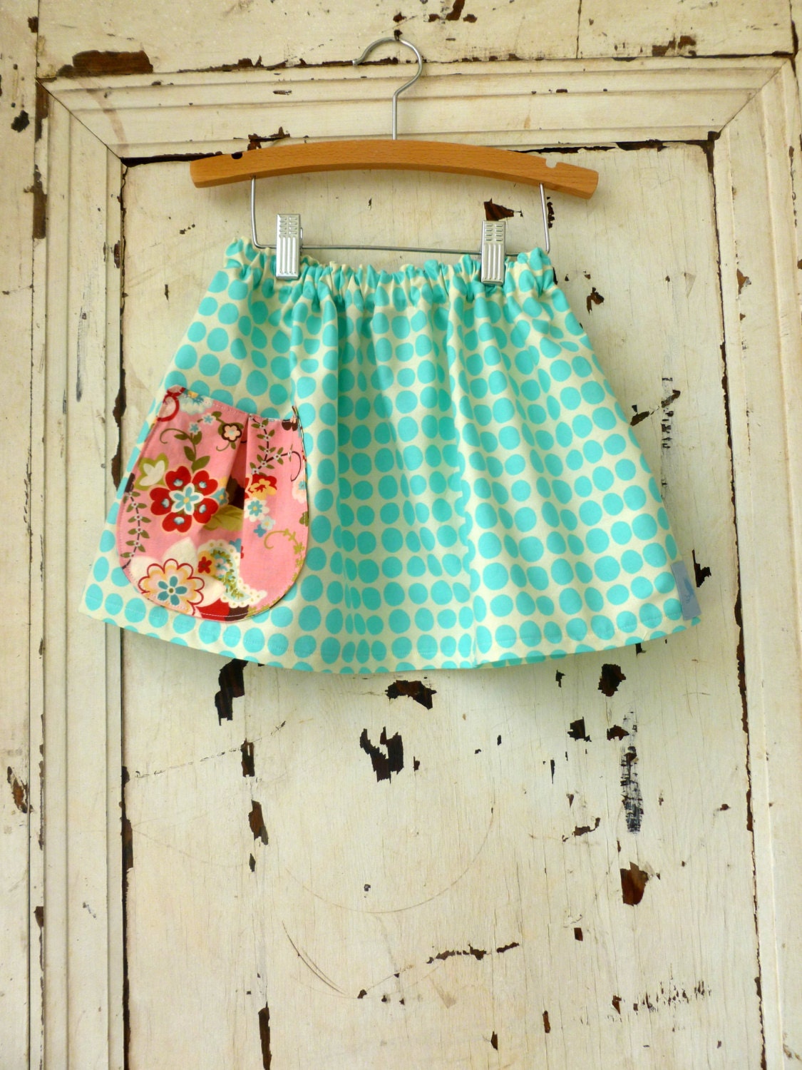Girls Skirt - Blue Polka Dots on Cream  - Modern Skirt