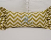 Monogrammed Green and Cream Chevron Print Throw Pillow with Side Ruffles--Medium Lumbar