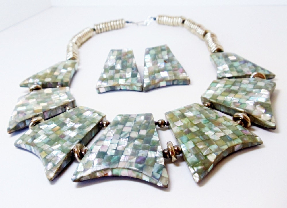 Vintage-  Abalone- Shell Necklace Set- 2 Piece- 1970- Sea Shell Shop- Outer Banks- Statement Jewelry