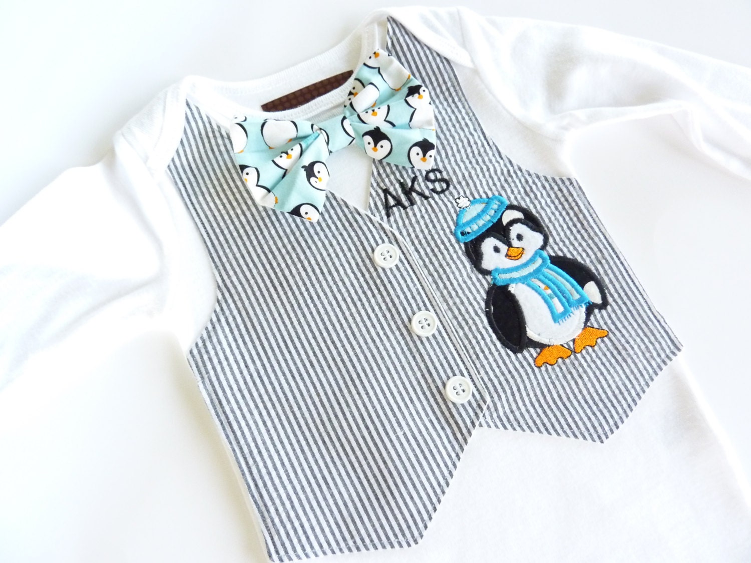 Adorable Penguin Long or Short Sleeve Tuxedo Onesie Vest with Baby Initials and Matching Bow Tie