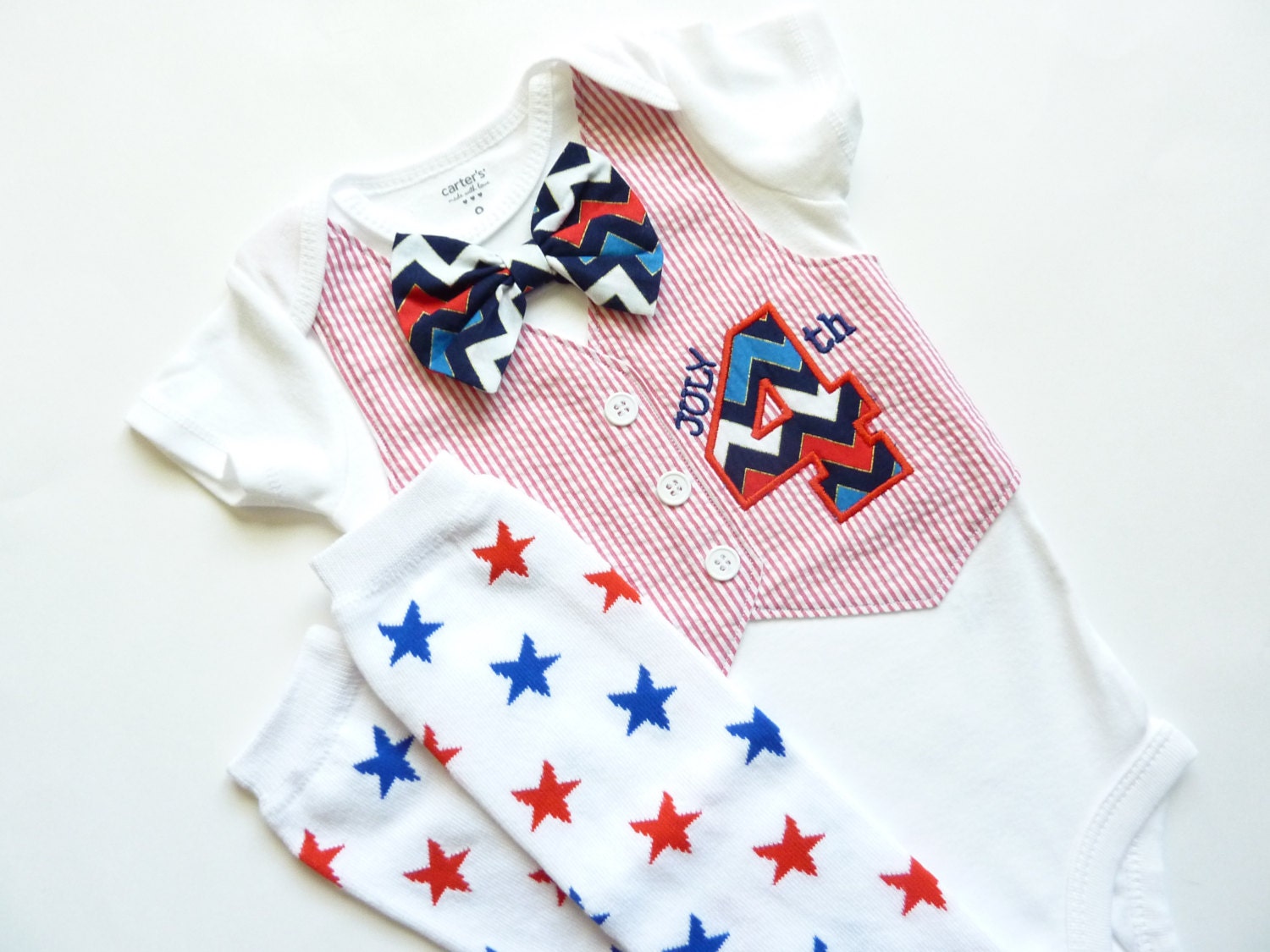 4th of July Red Seersucker Tuxedo Onesie Vest with Matching Chevron Bow Tie and Leg Warmers