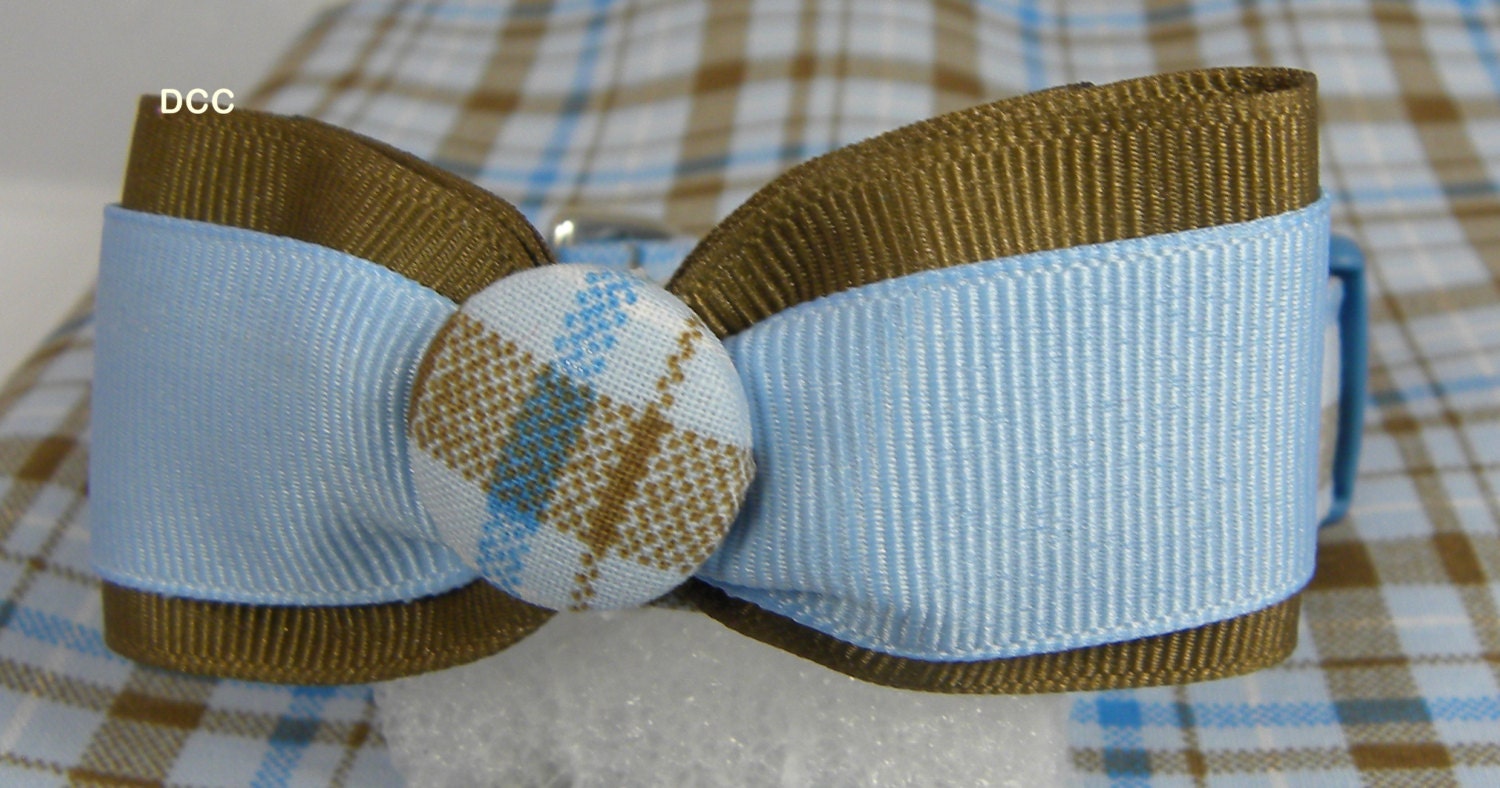 Dog Collar His and Hers Collection Classic Plaid Blue Brown White w Ribbon Bow Tie Size LARGE Adjustable D Ring Handmade