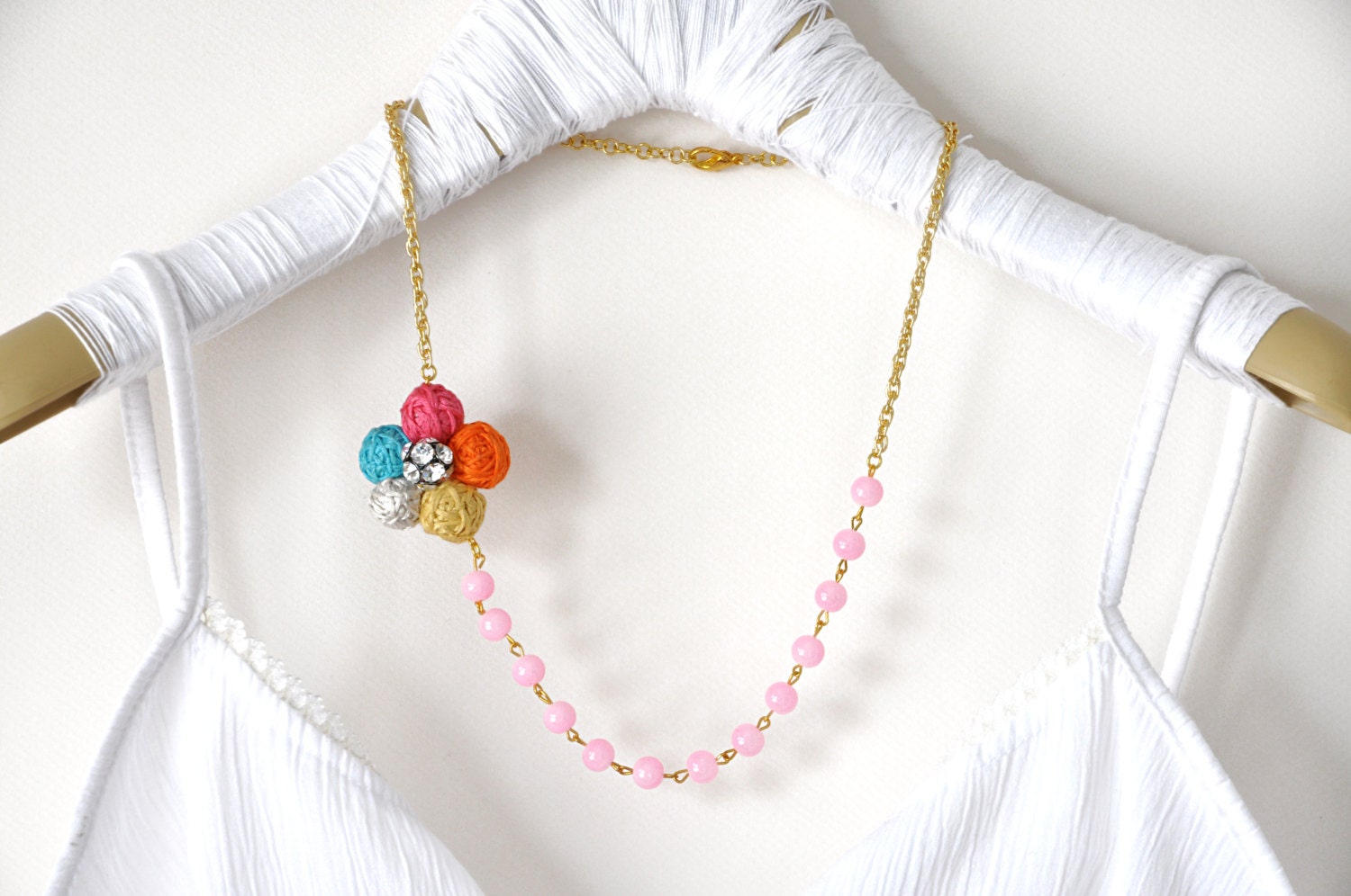 Romantic Little Garden Rose Flower Necklace Statement Colorful Fabric Jewelry Summer Fashion Rhinestone Mixed Media
