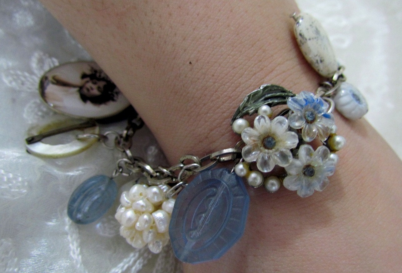Bracelet Vintage Depression Glass Blue Beads and Charms Handmade Bracelet Pearls Jewelry