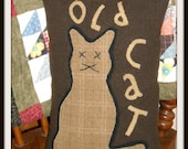 Primitive Old Cat Wool Applique Pillow, Primitive Bettys - FREE US SHIPPING