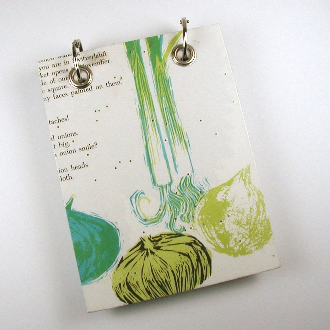 Recycled Notepad - Refillable - Large - Kitchen - Food - Lime Green, Turquoise - Upcycled Book, Paper