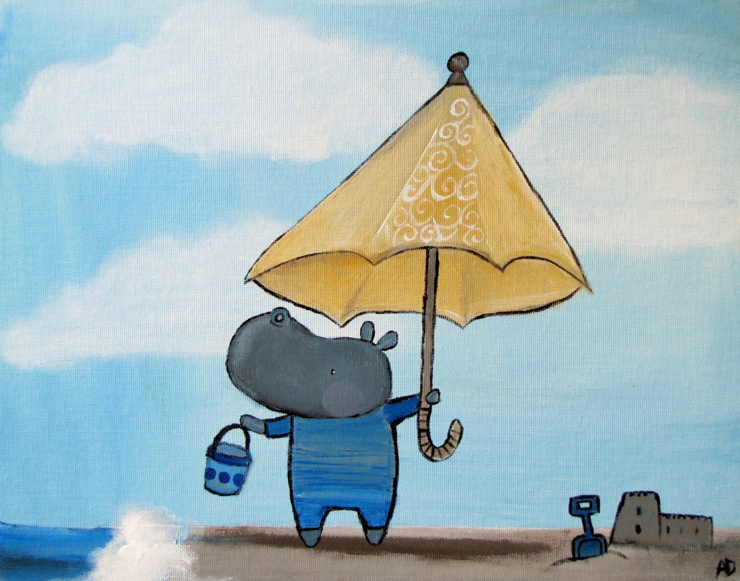 Hippo on the Beach Kids Wall Art, Whimsical Original Illustration