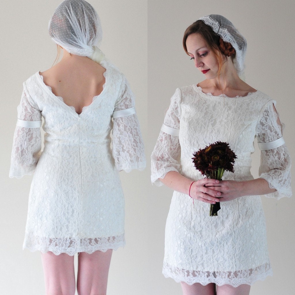 Miss 1960s---Short Lace Wedding Dress with Sleeves---vintage inspired
