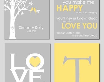 Modern Newlywed Quad - set of 4 Print - Family Tree, Initial, You are my Sunshine, Love is All you need / You choose colors