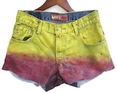 Ombre Jean Shorts, Painted, Studded, Red & Yellow, High Waisted