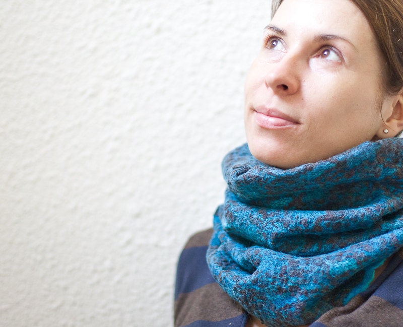 Nuno Felt Cowl Lace Scarf Versatile Neckwarmer Sky Blue Turquoise Chocolate brown Lace modern minimalist