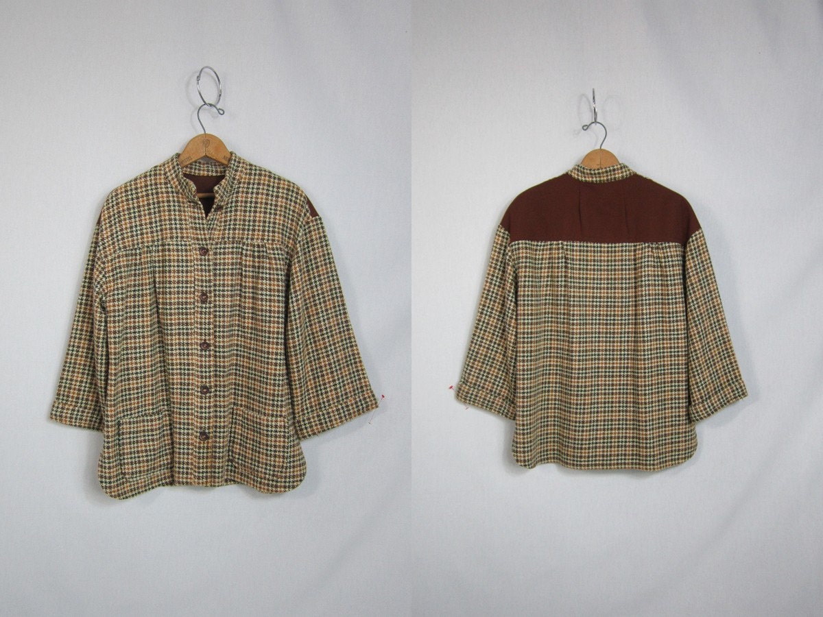60s Plaid Tweed Shirt . Weekend Countryside Brown Herringbone Top . Large XL