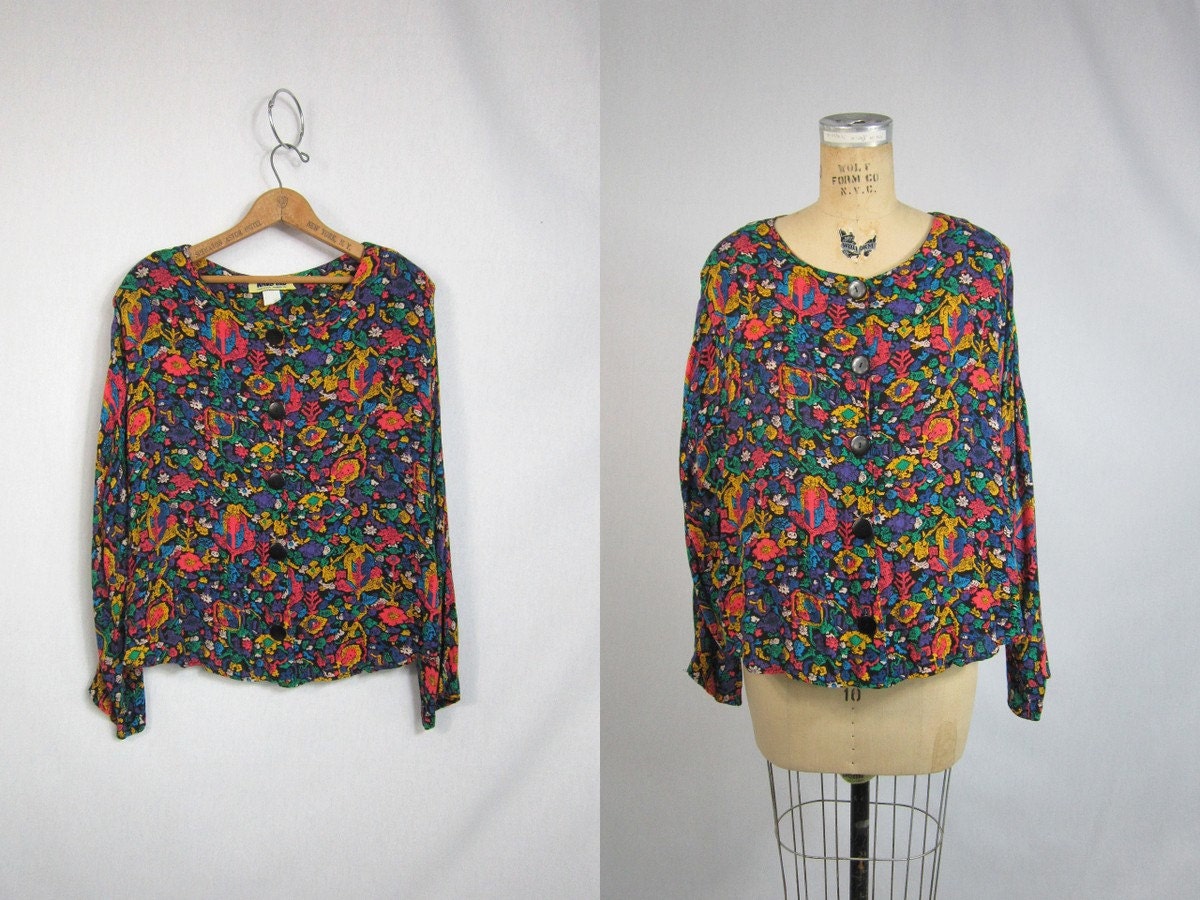 90s Baggy Blouse . Cropped Slouchy Super Rad Colorful Shirt . Large XL