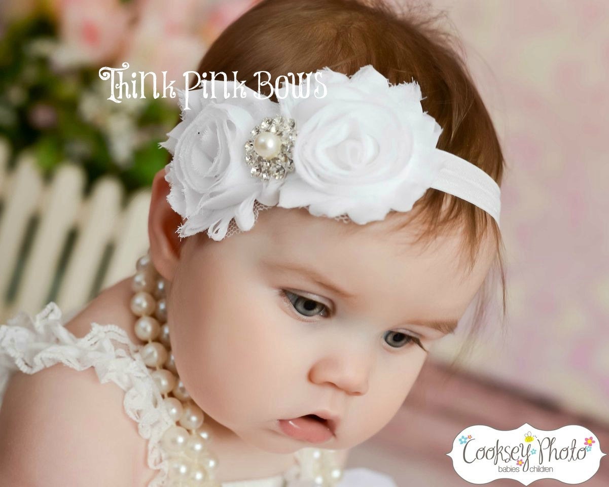 Baby Headband, White Headband,Christening Headband, Baptism Headband,Newborn Headband,Baby girl Headband,Shabby chic Headband,Baby Bows.
