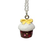 Cupcake Necklace with Bow - Kawaii cute miniature food jewelry - yellow and brown sweet lolita charm