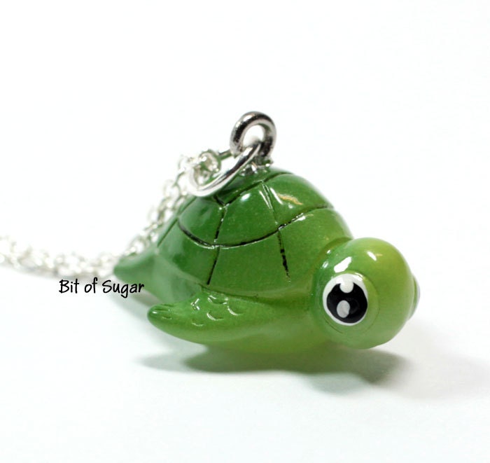 Cute miniature sea turtle necklace - Small beach animal charm - kawaii green honu tortoise