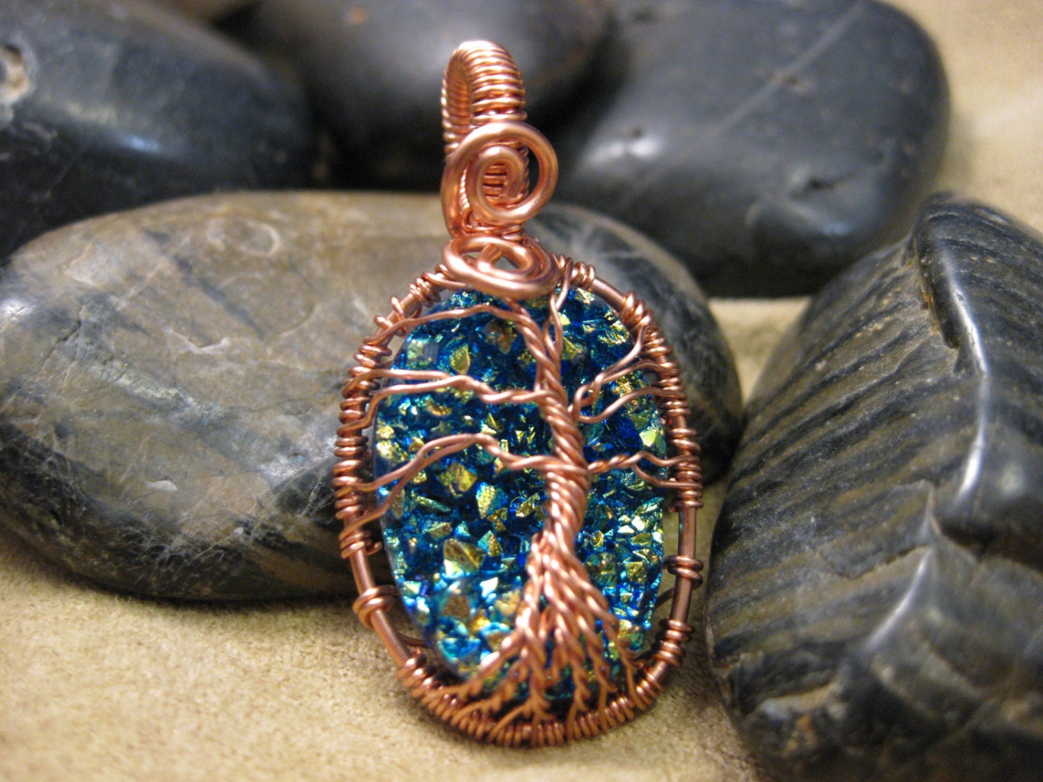 Tree of Life wire wrapped pendant with Titanium Drusy stone