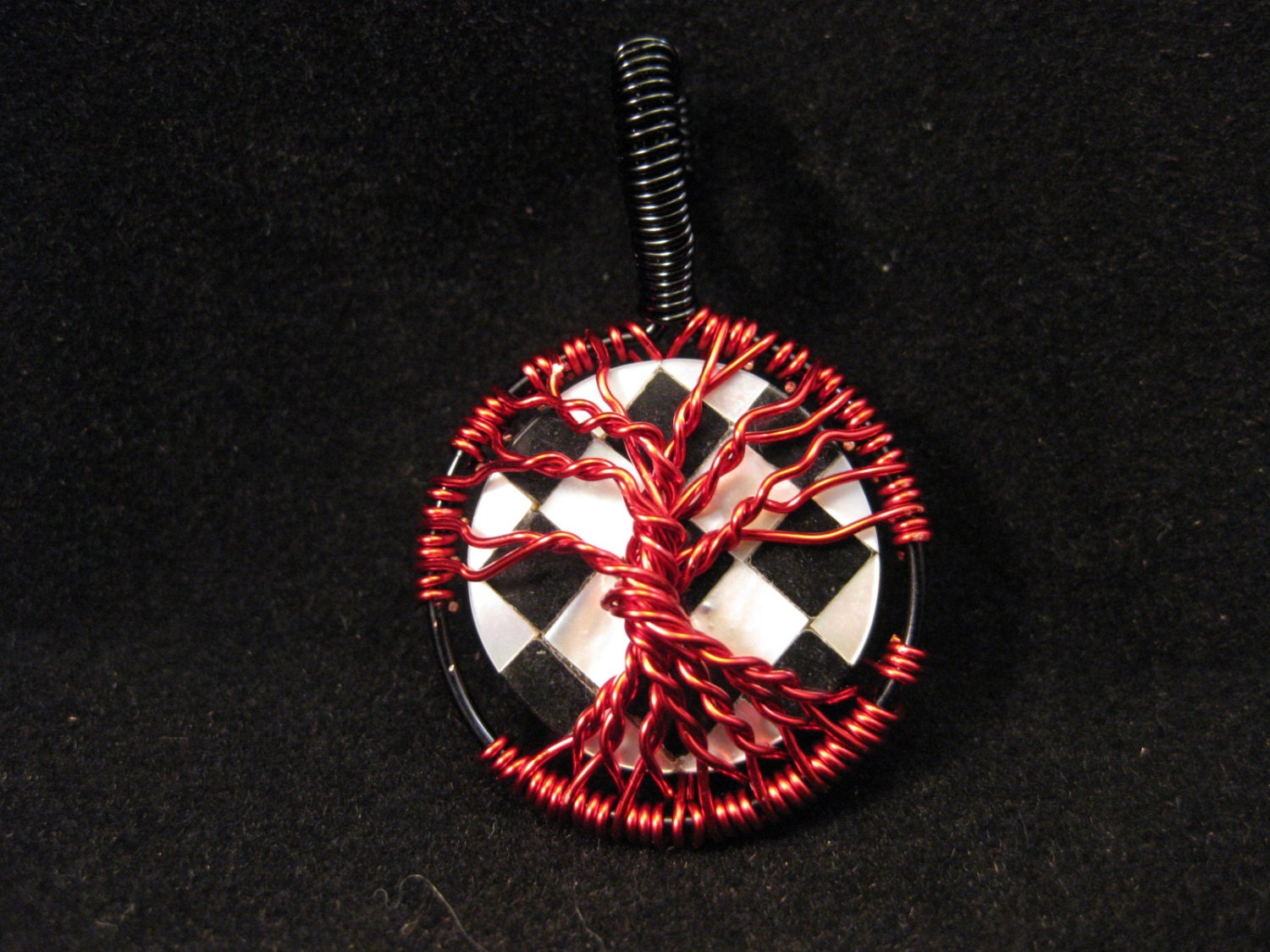 Tree of Life wire wrapped pendant with checkerboard bead