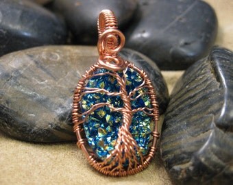 Tree of Life wire wrapped pendant with Titanium Drusy stone