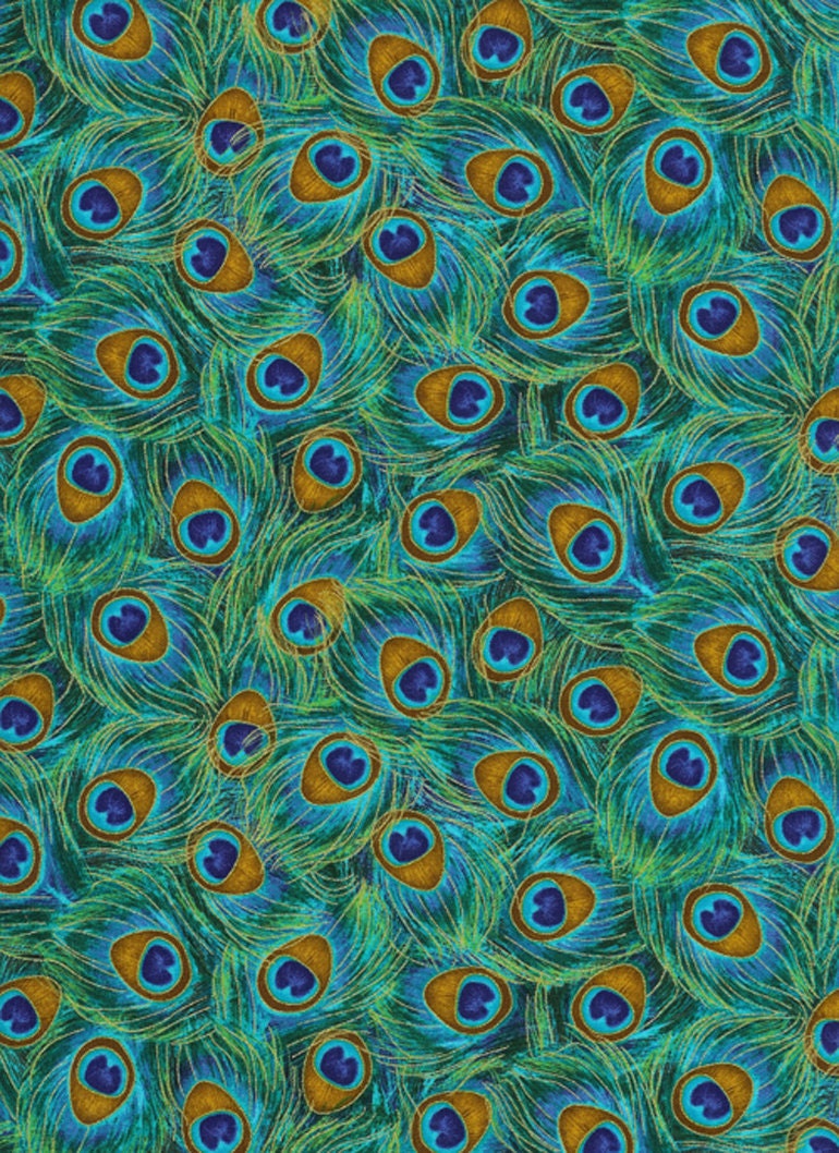 Packed Peacock Feather in Jade - Timeless Treasures -  Cotton Quilting Fabric - 1 yard
