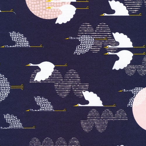 TSURU 1000 Cranes in Indigo - Rashida Coleman Hale for Cloud9 Organic Cotton Fabric  - 1 yard