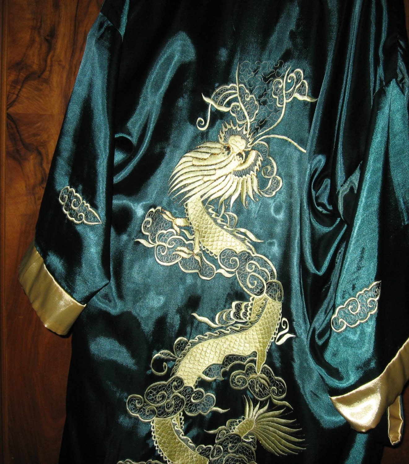 REVERSIBLE Japanese Kimono Dragon on Silk Hunter Green and Gold MOTHER'S Day GIFT