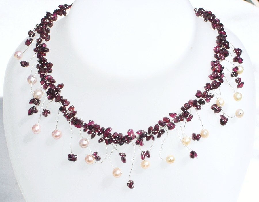 Dark Garnet Juicy Ruby Red Wine Gemstone Garnet Necklace, Romantic, Sterling Silver Wire Wrapped, Real pearls January birthstone