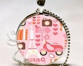 Paris Life, France, French, Eiffel Tower, Travel, Glass Dome Art Pendant with Ball Chain Necklace Included (ITEM B009)