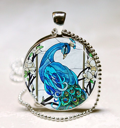 Blue Peacock Necklace Bird Nature Glass Dome Art Pendant With Ball Chain Included