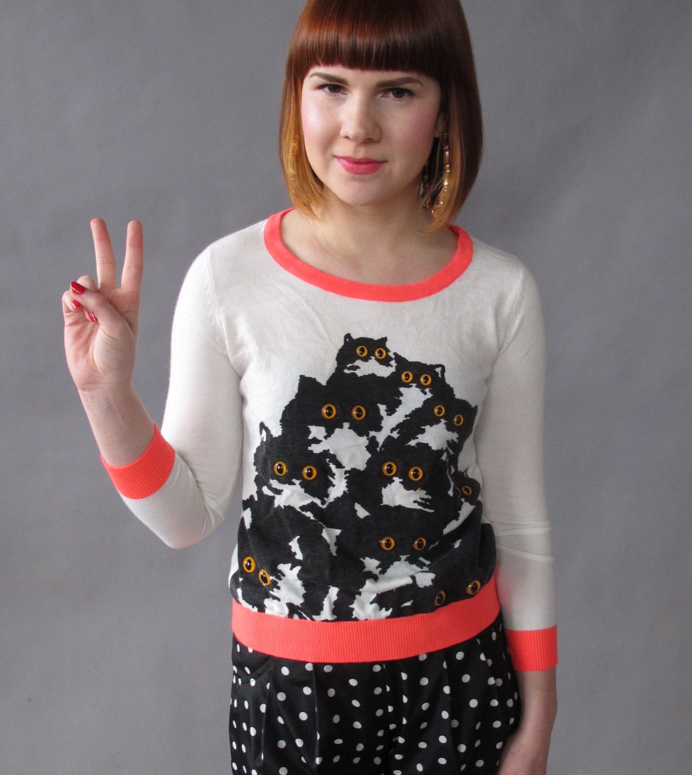 Neon Pink and White Crazy Kitty Sweater S