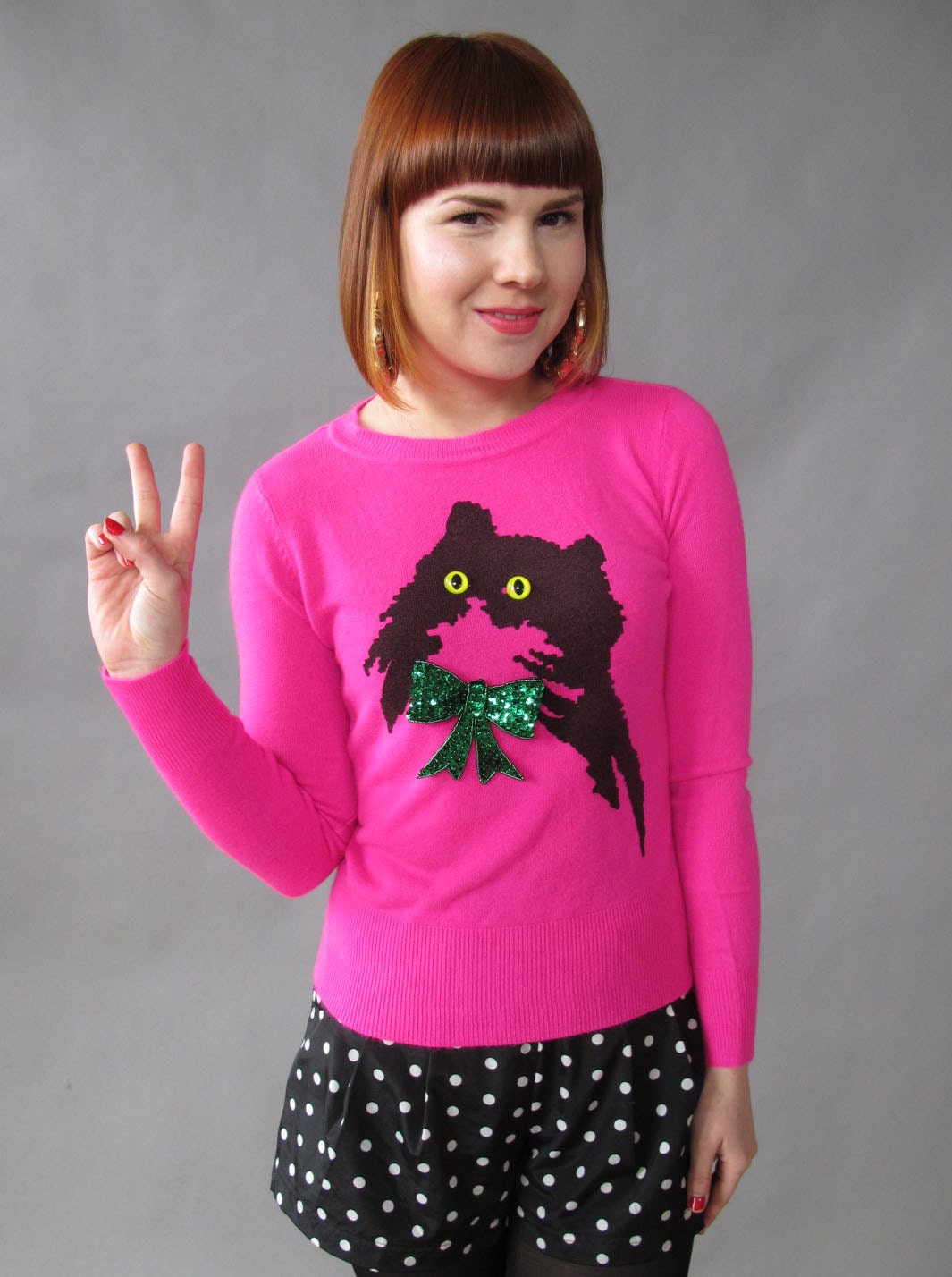 Neon Pink Handsome Kitty Sweater with Green Vintage Sequin Bow L