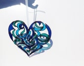 Stained Glass Heart Suncatcher Indigo Blue Turquoise Teal Window Ornament Contemporary Design Wedding Gift Bride Groom Anniversary Gift