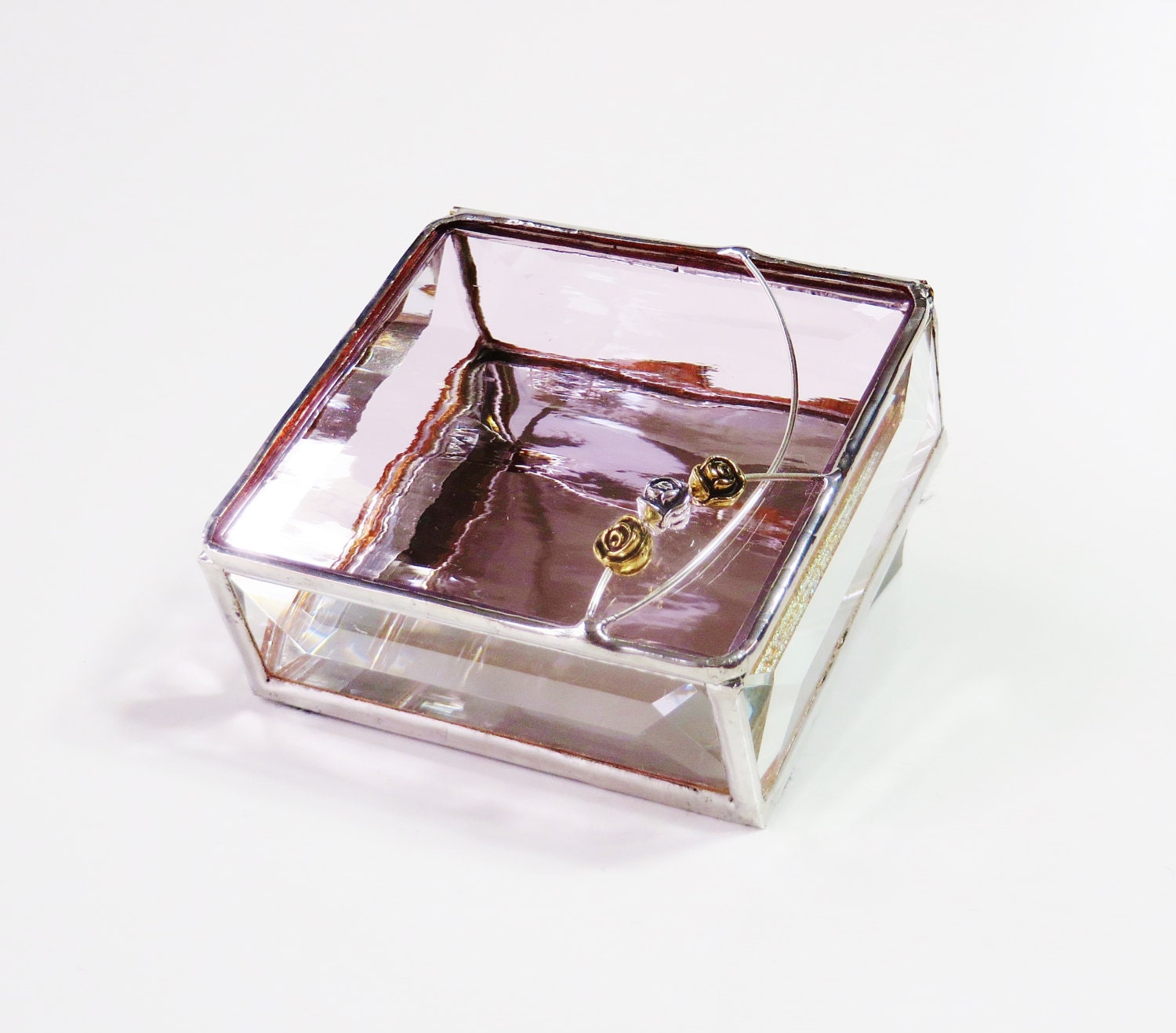 Stained Glass Jewelry Box Soft Pink 3x3 Box w/ three Pewter Gold Silver Rose Flowers Graduation Bride Gift Anniversary Gift Handmade
