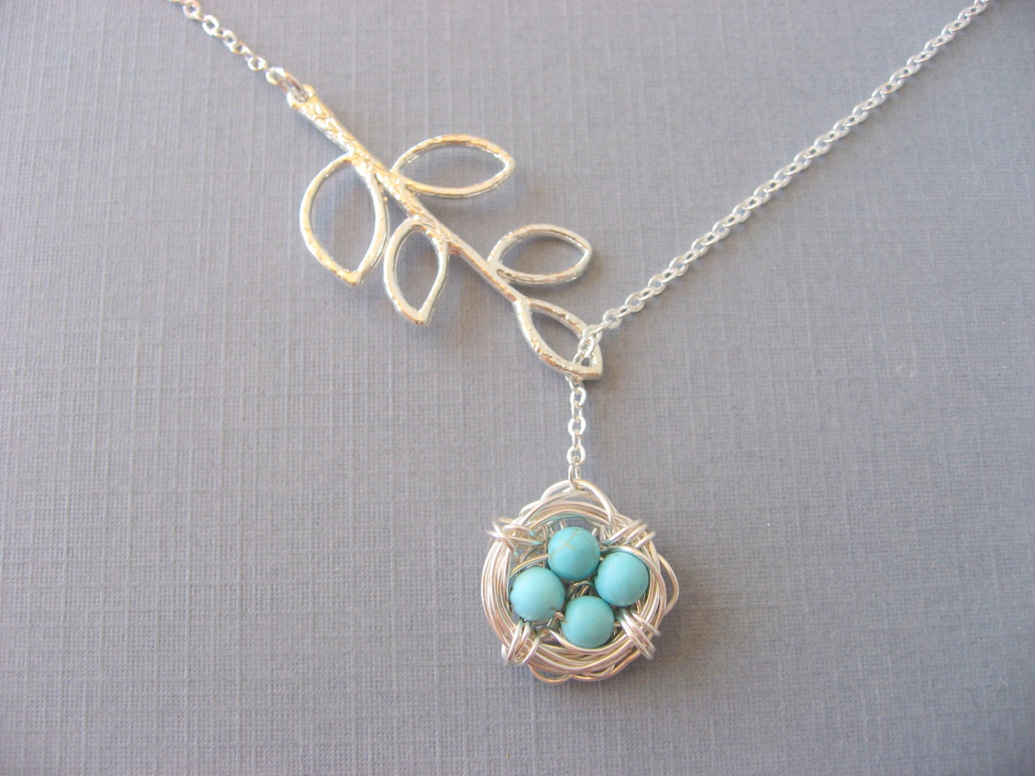 Mothers Day Necklace, Silver Bird Nest Necklace, Silver Lariat Branch Necklace, Turquoise Necklace