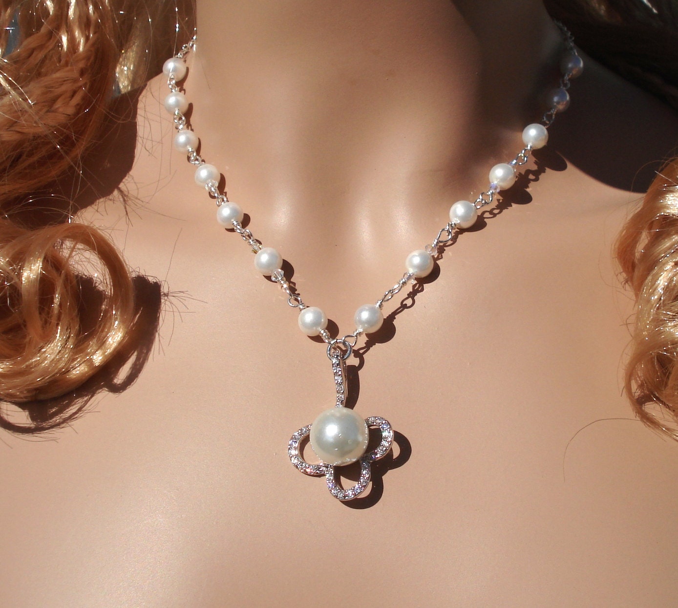 Bridal/Wedding Jewelry-Wire Wrapped Pearl Pendant Necklace & Earring Set - Wedding Jewelry, Bridal Jewelry Bridesmaid jewelry