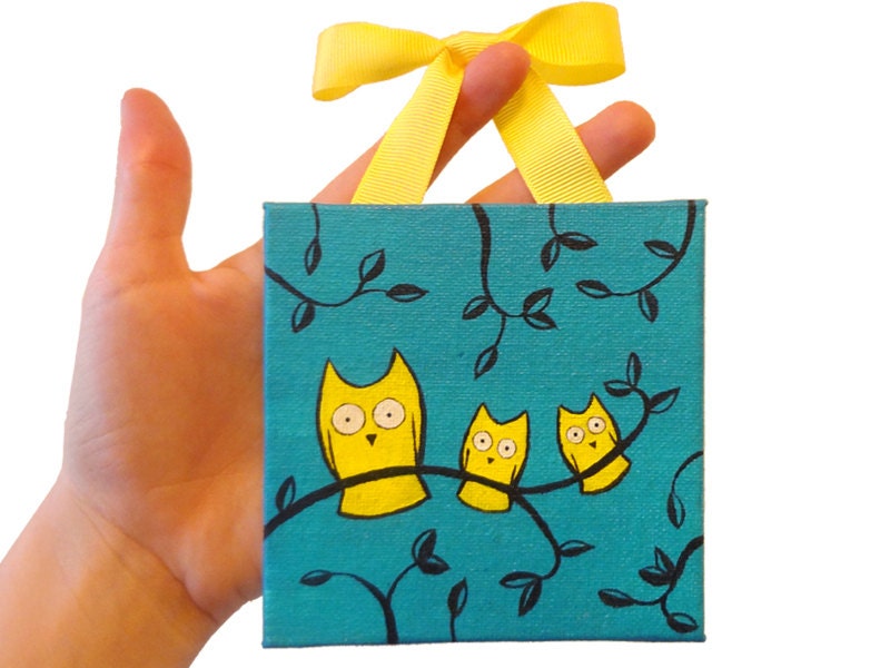 Teal and Yellow Owl Nursery Wall Art - Owls on a Branch