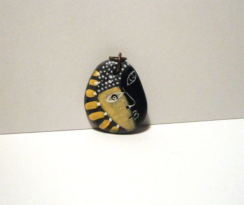 SUN pendant keychain hand painted stone rock original