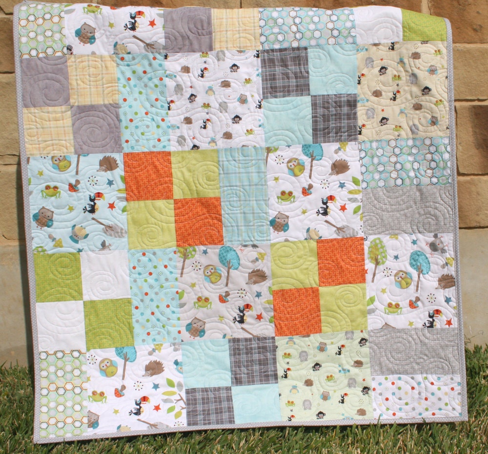 Jungle Quilt Baby Boy Forest Animals Owls Frogs Monkeys Safari Blanket MADE TO ORDER