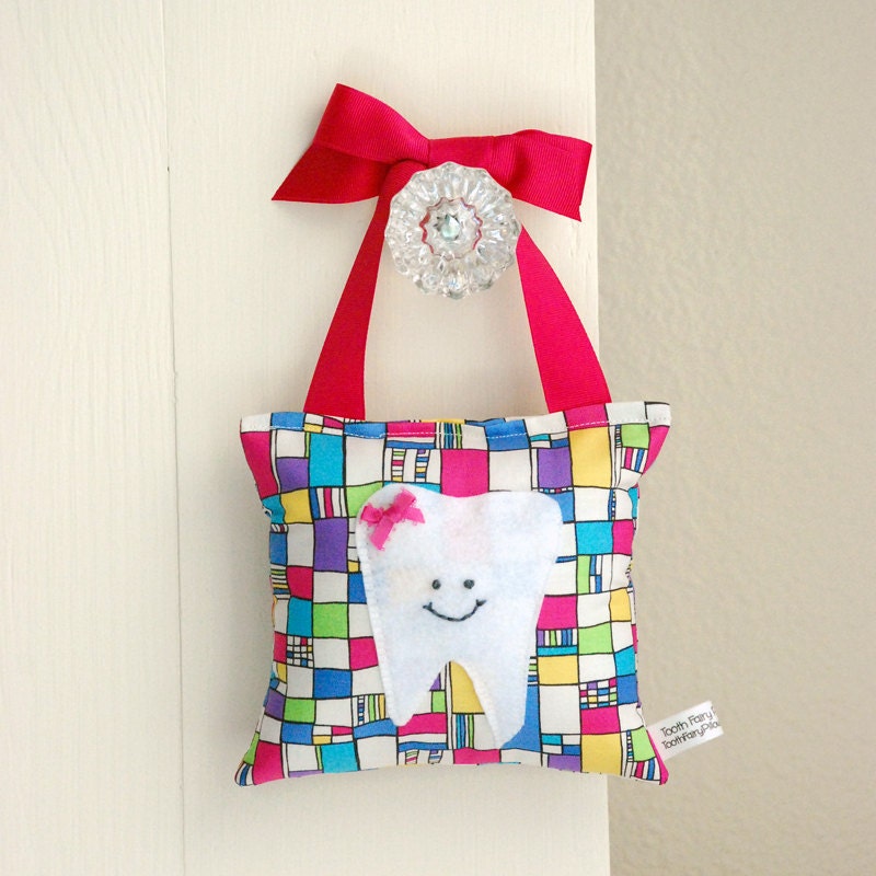 Girl's Tooth Fairy Pillow in Summer Color Block Print in Shades of Turqoise, Raspberry and Lemon