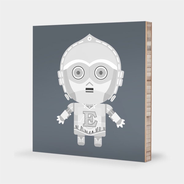 E for E-3PO : ABC Block Bamboo Wall Art Series // Alphabet Kids Wall Art Nursery Room Decor Star Wars Sci-fi 4 x 4